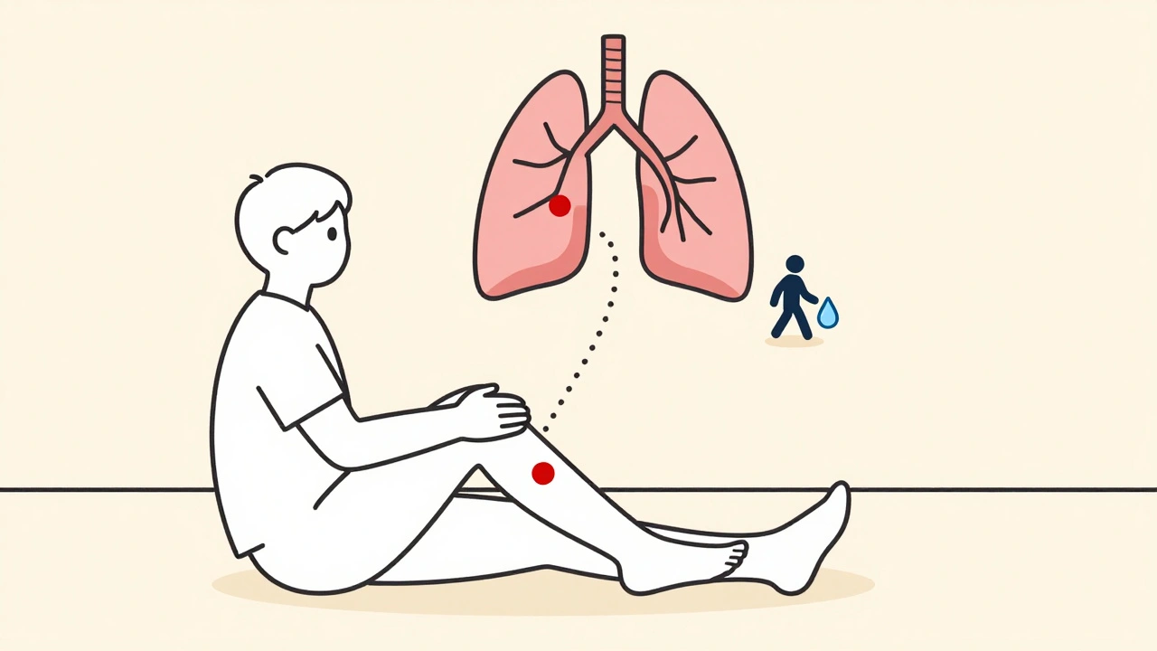 Passenger on a plane with a blood clot forming in the leg, journeying toward the lungs.