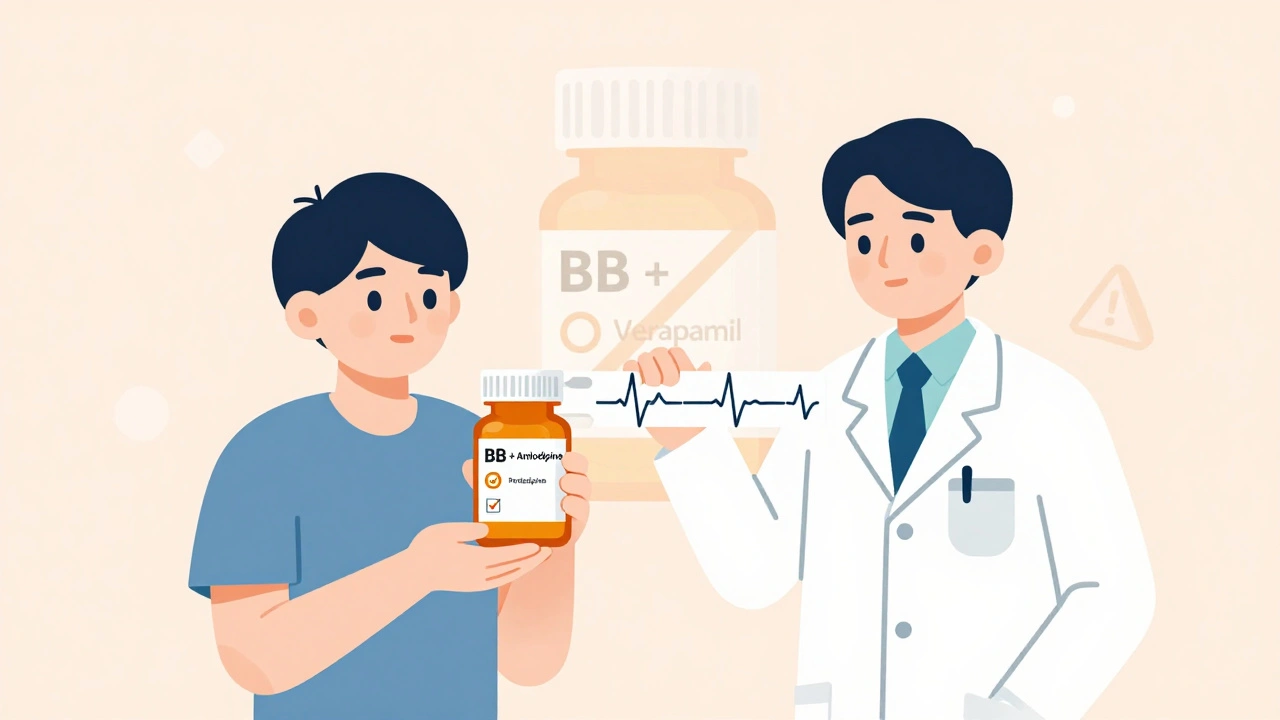 Patient and doctor with safe medication combo, unsafe option faded in background.