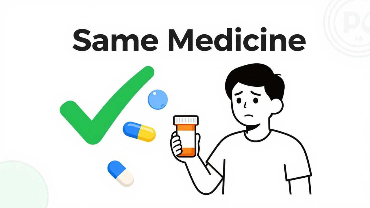 Patient confused by multiple pill shapes and colors, with &#039;Same Medicine&#039; confirmed above.