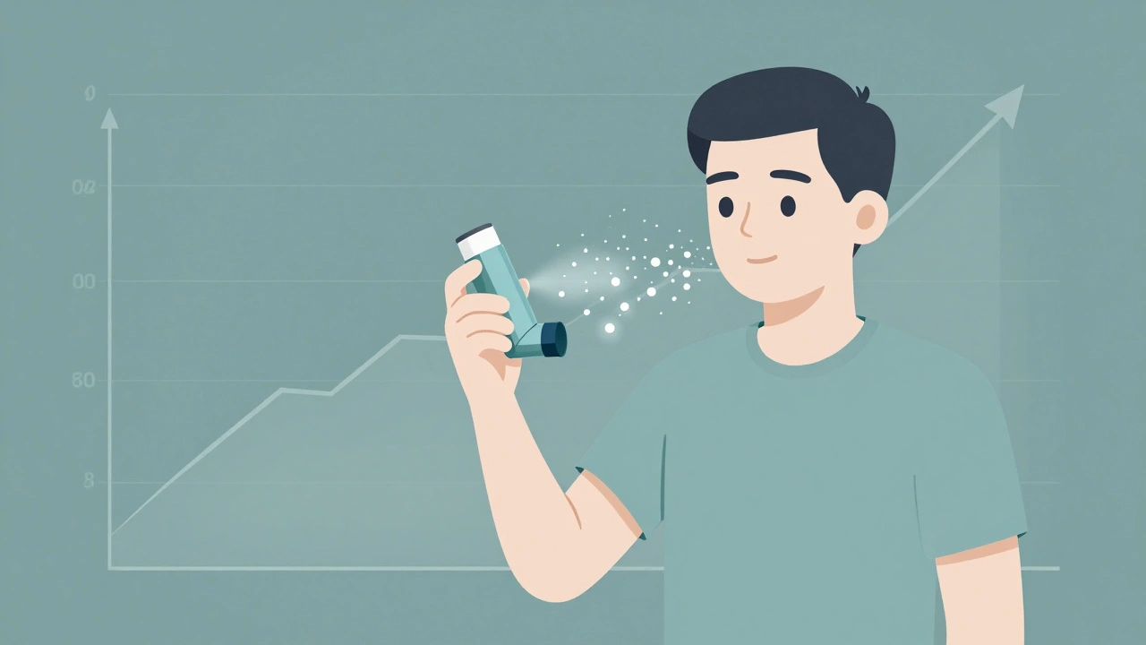 Patient using one inhaler instead of multiple pill bottles, with improved drug delivery.