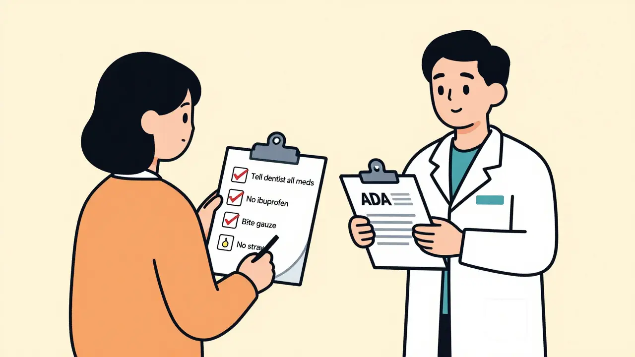 Patient with dental safety checklist beside dentist holding ADA guidelines