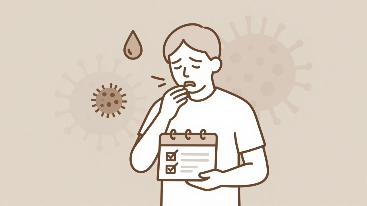 Patient with monitoring calendar and symbols of TB warning signs: cough, night sweats, swollen glands.