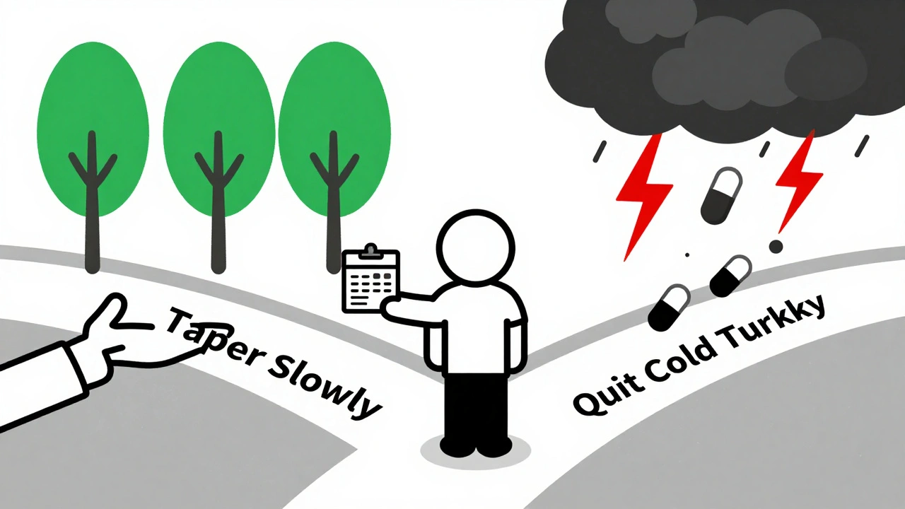 Person at crossroads choosing between safe tapering or dangerous withdrawal