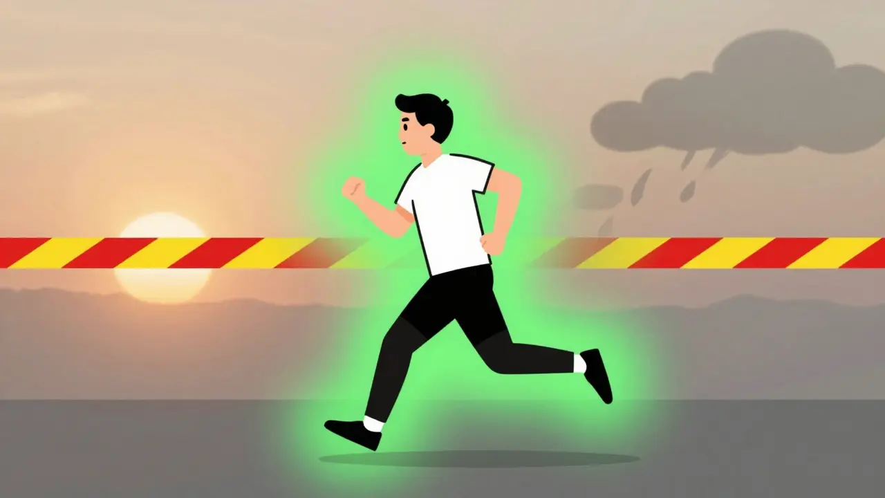 Person running at sunrise with a green zone glow, representing asthma control and freedom.