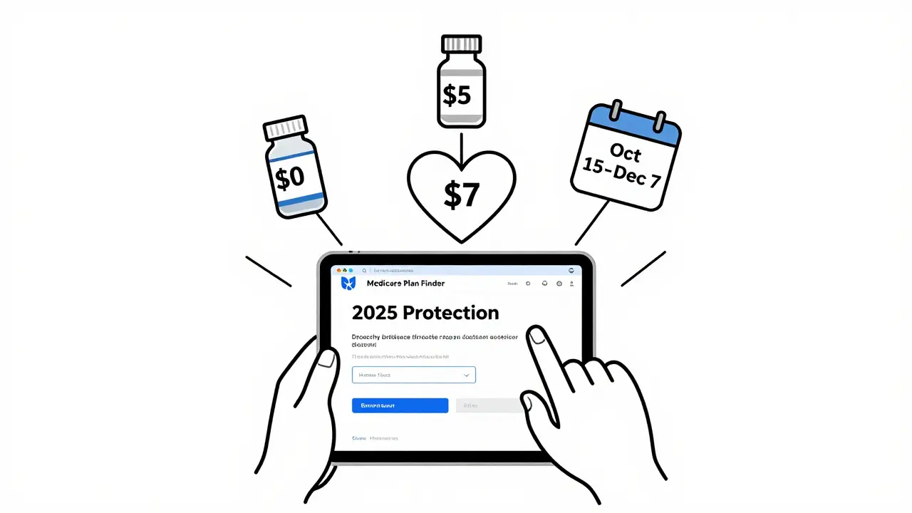 Person using tablet to compare drug plans with insulin, vaccine, and premium icons.
