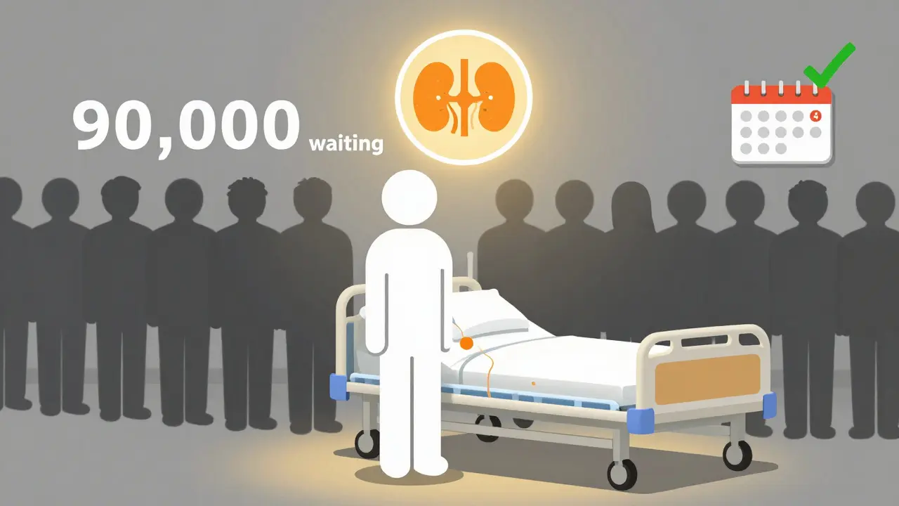 Person with transplant icon while long queue waits for kidney