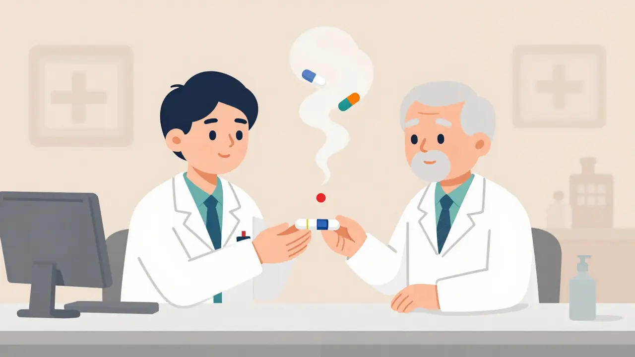 Pharmacist and older adult holding one combination pill as others disappear.