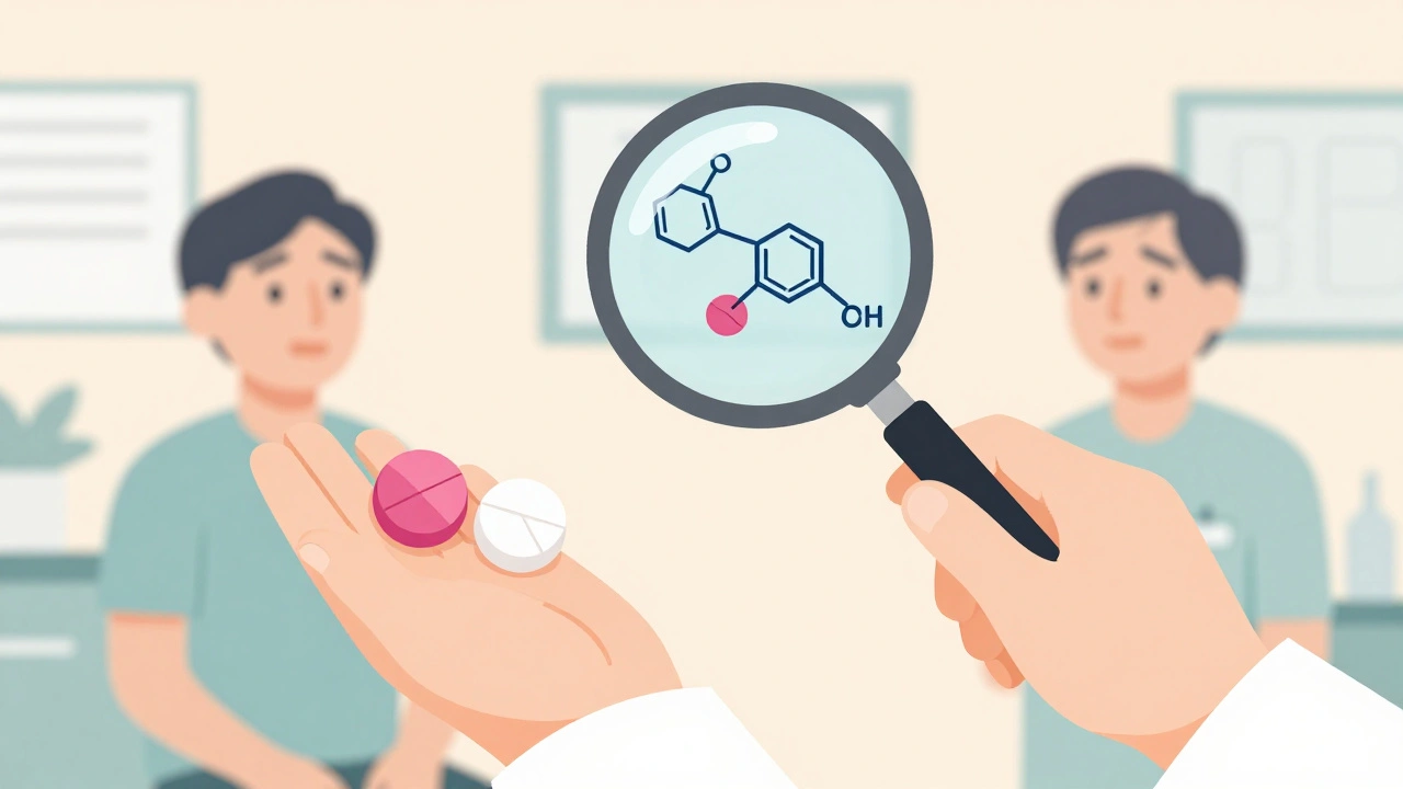 Pharmacist shows identical active ingredients inside two differently colored generic pills.