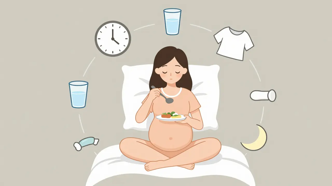 Pregnant person sitting upright with wedge pillow, surrounded by icons of heartburn relief tips.