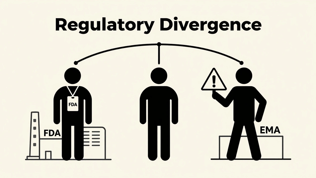 Regulatory bodies shown as abstract figures with diverging paths for US and EU approval.