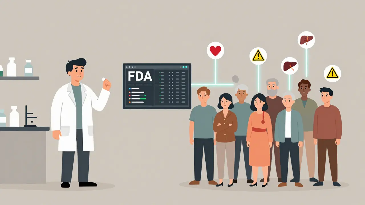 Split scene: lab test vs real-world use of generic drugs with warning icons connected to FDA dashboard.