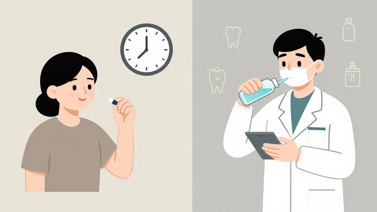 Split scene: patient taking DOAC before appointment and dentist using hemostatic rinse