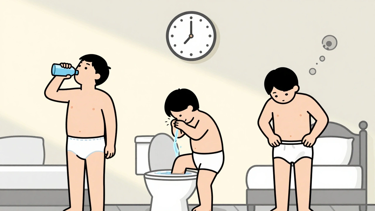 Three figures practicing prevention: drinking water, rinsing, and changing into cotton underwear.