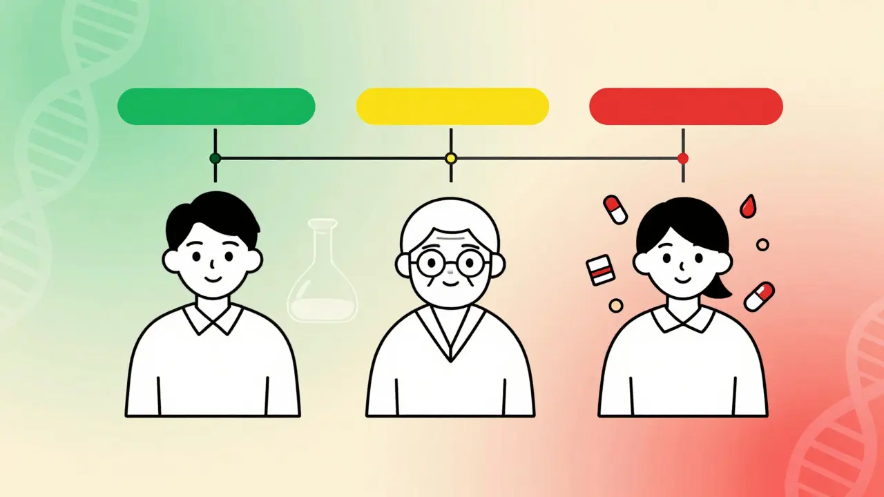 Three figures with color-coded blood levels connected to a lab flask, representing metabolism differences