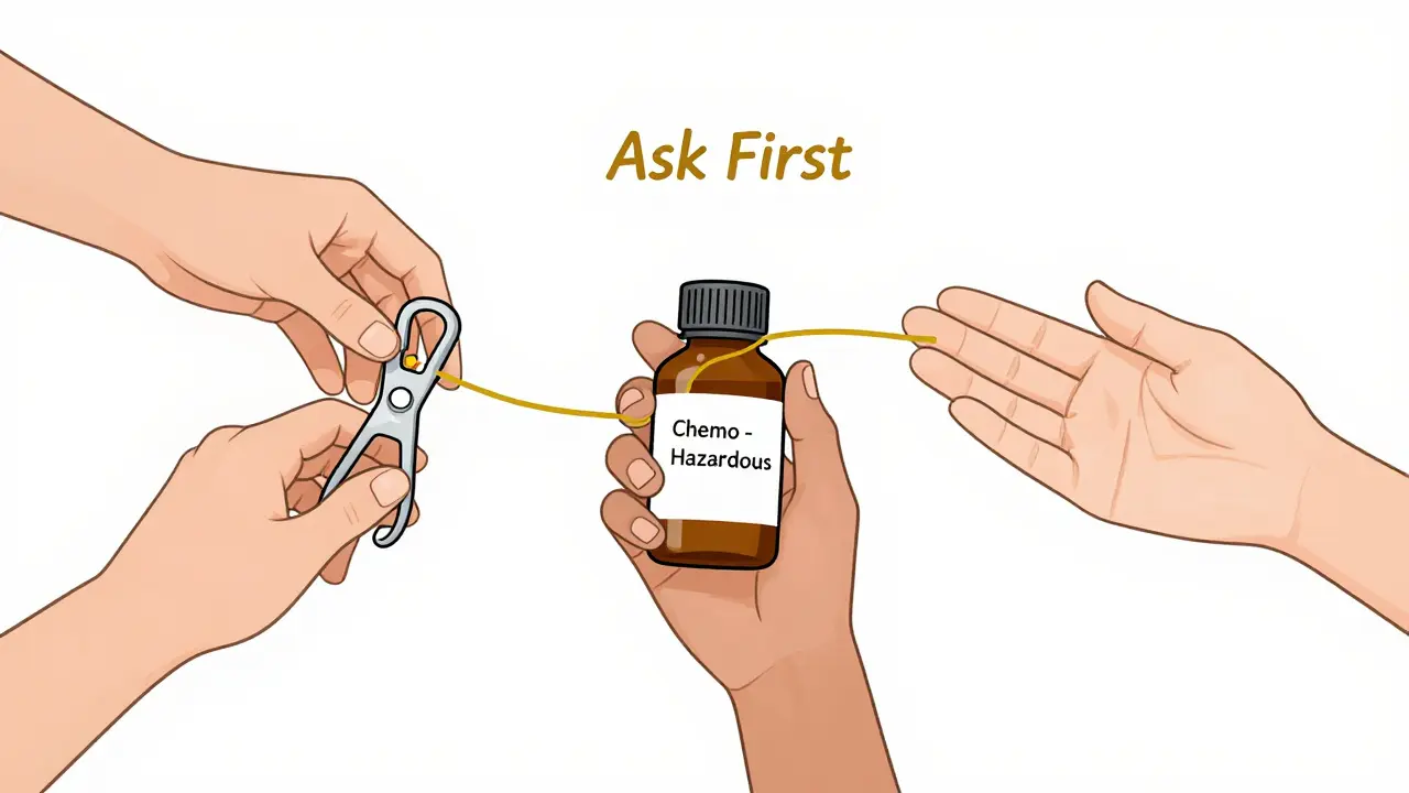 Three hands connected by 'Ask First' thread, showing safe medication practices