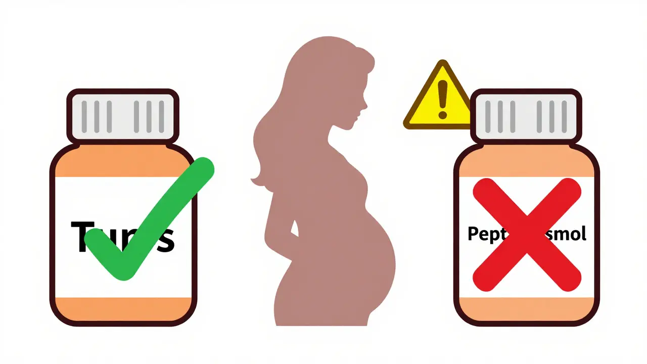 Three medication bottles with safety symbols, showing which are safe during pregnancy.