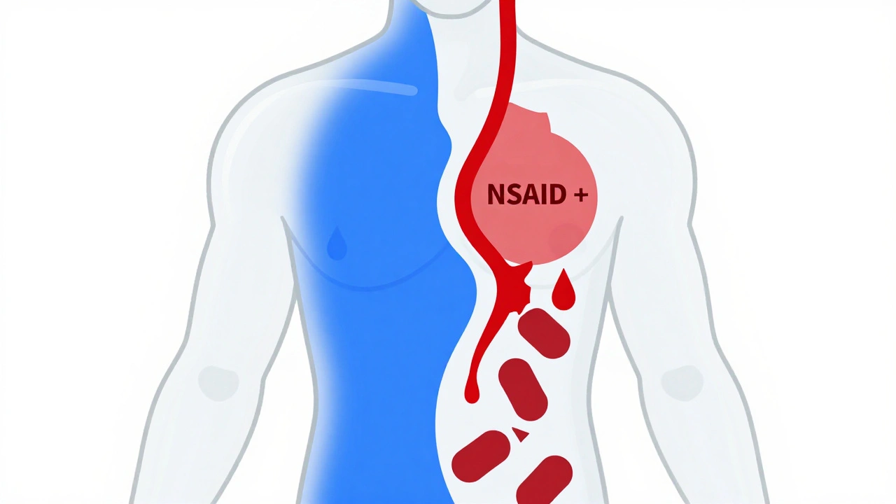Transparent human torso showing safe vs. dangerous blood flow pathways with broken platelets.