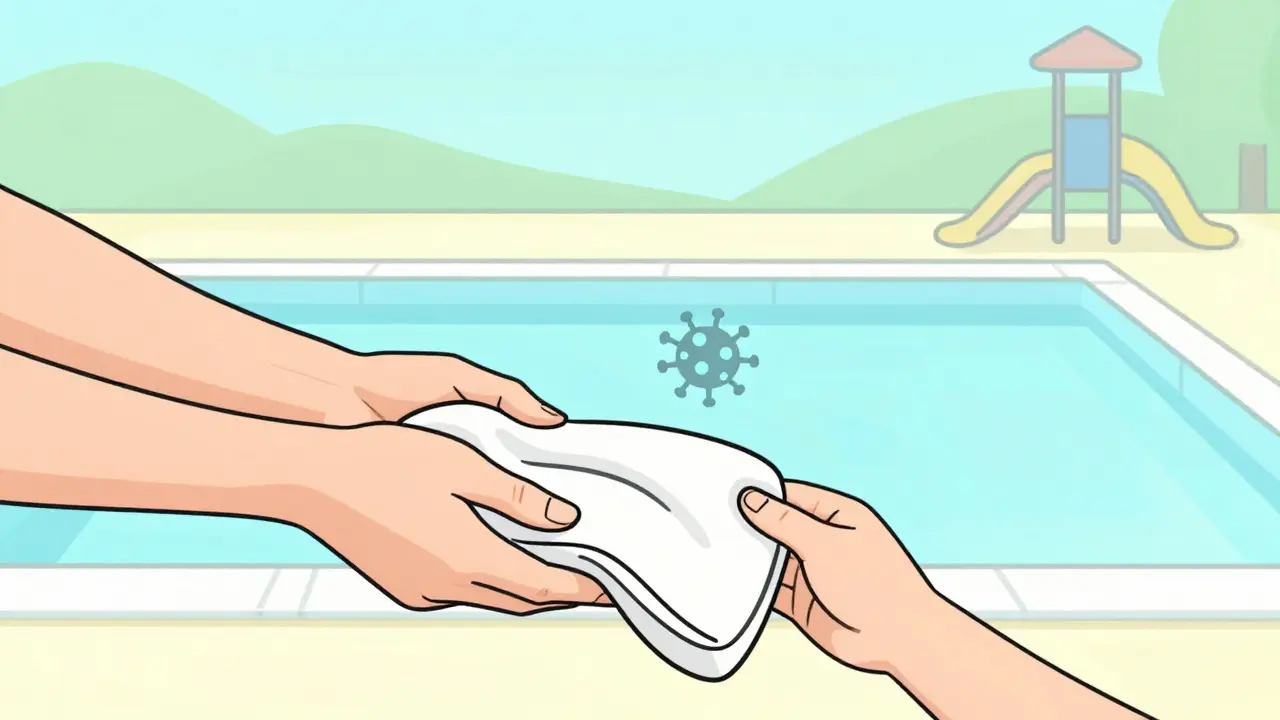 Two hands passing a towel with a subtle viral icon between them, representing transmission.