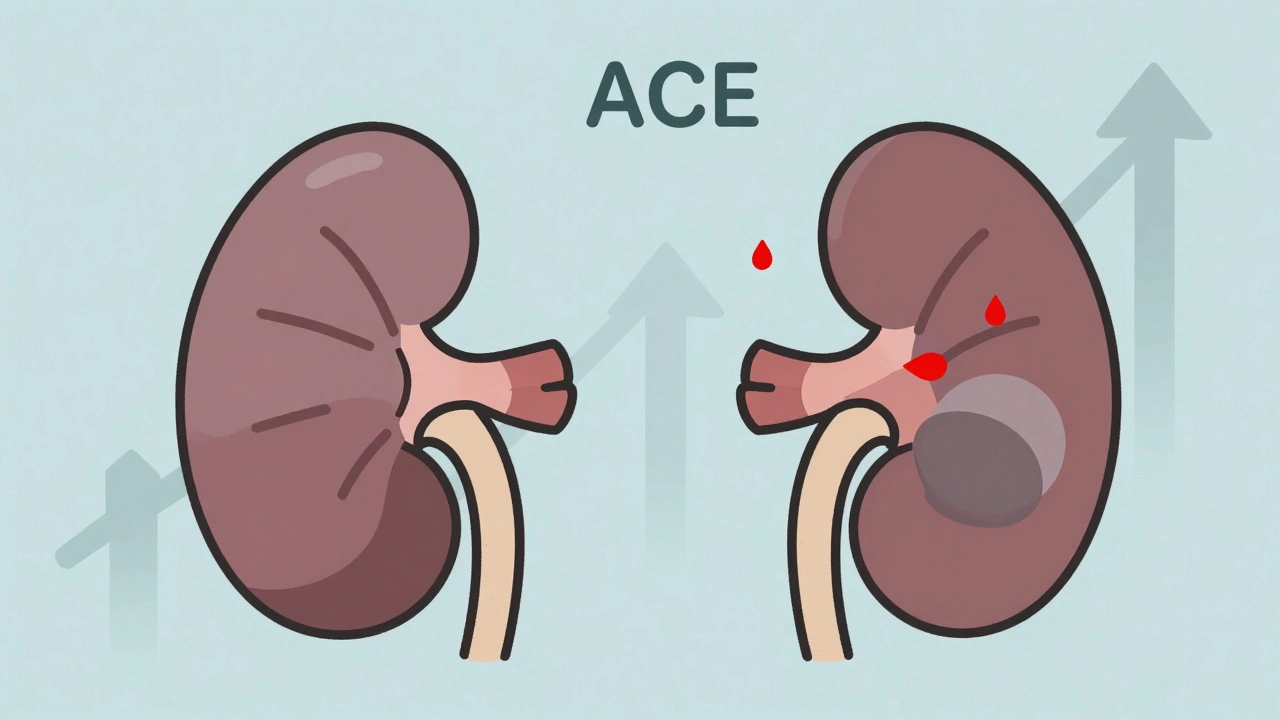 Two kidneys side by side, one failing as ACE inhibitors reduce glomerular pressure