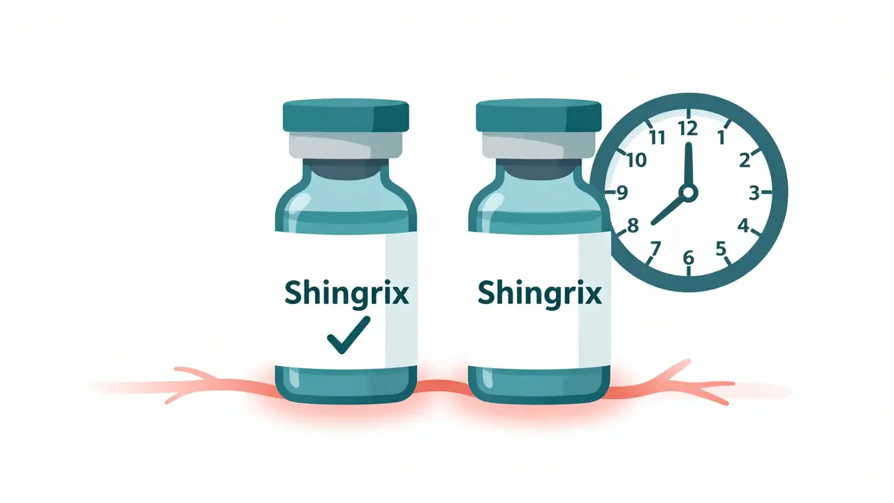 Two Shingrix vaccine doses with a time gap indicated by a clock.