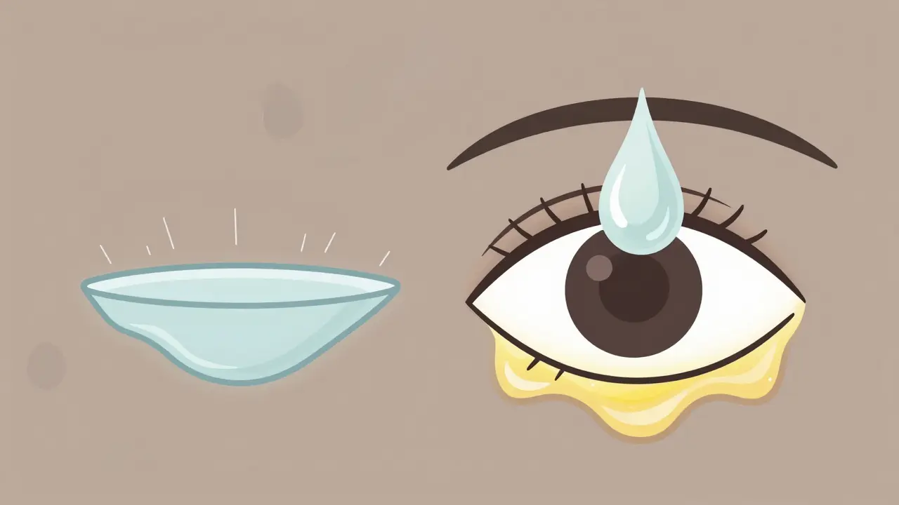 Two tear film layers shown side by side: thin evaporating layer vs. protective oily layer with a drop reinforcing the healthy film.