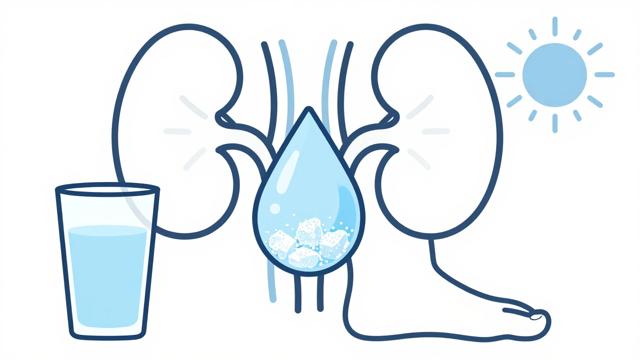 Water droplet diluting sugar in urine, with kidney and hydration symbols in minimalist style.