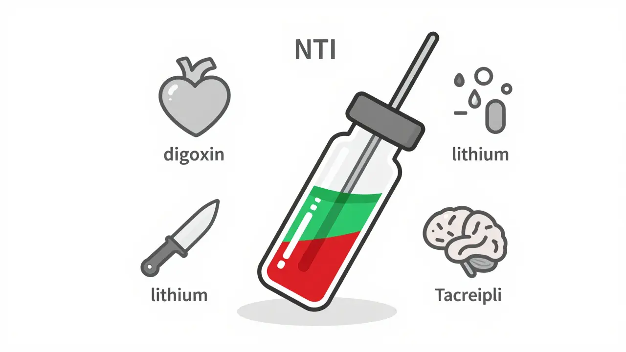 A blood vial with safe and dangerous zones, surrounded by symbolic icons of key narrow therapeutic index drugs.