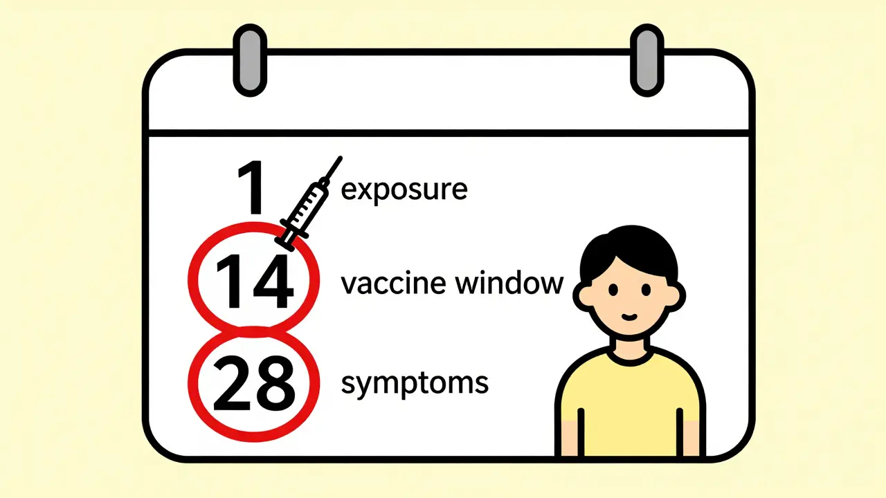 A calendar showing key dates after hepatitis A exposure, with symbolic figures and no text.