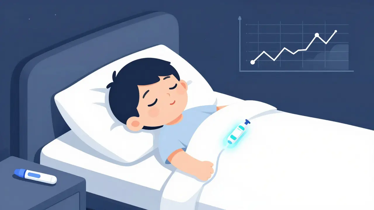 A child sleeping peacefully with a glowing insulin patch on their hip and a backup insulin pen on the nightstand.