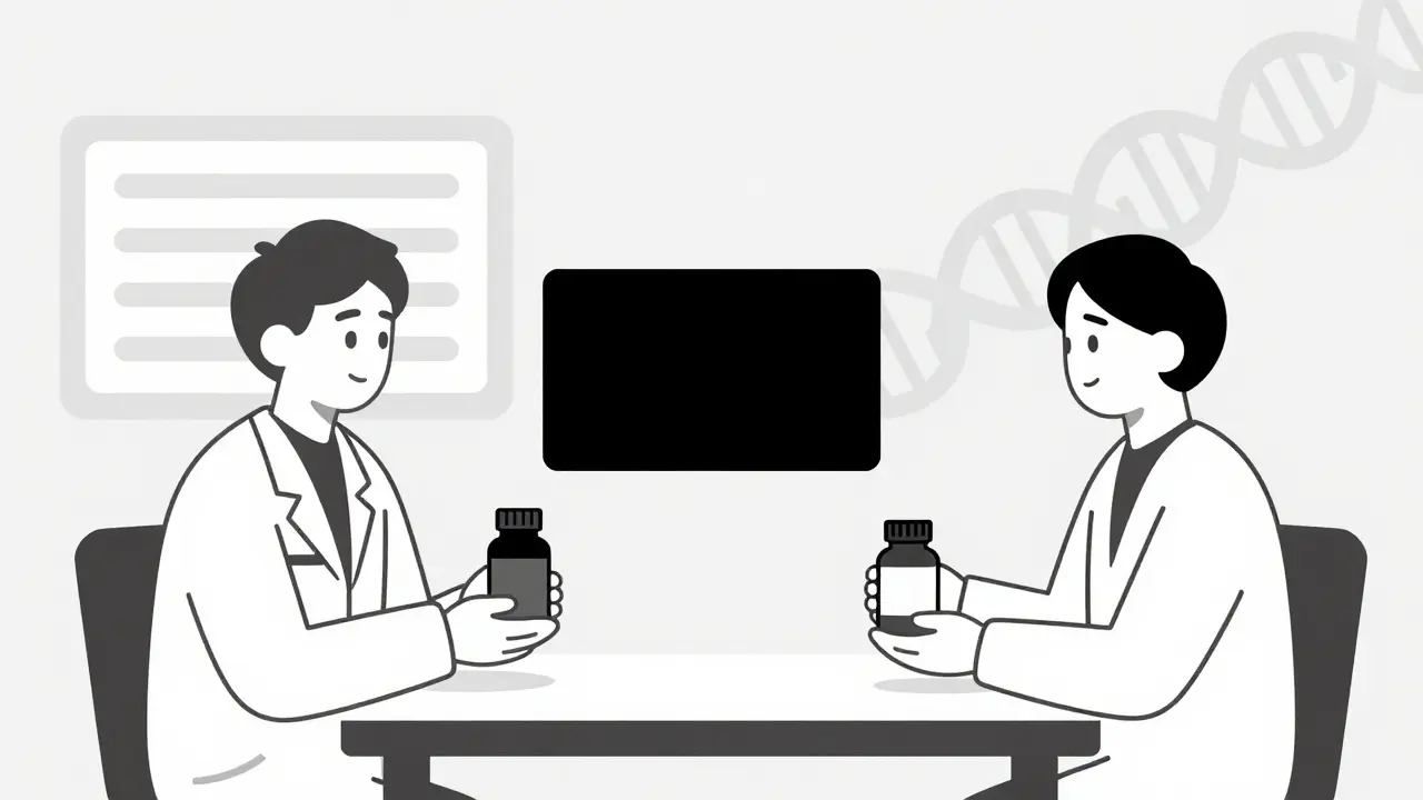 A doctor and patient facing each other with a black warning box between them, symbolizing informed medical decisions.