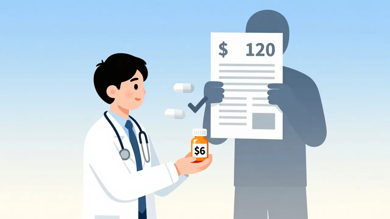 A doctor gives a patient a low-cost pill while a high-cost invoice fades away in the background.