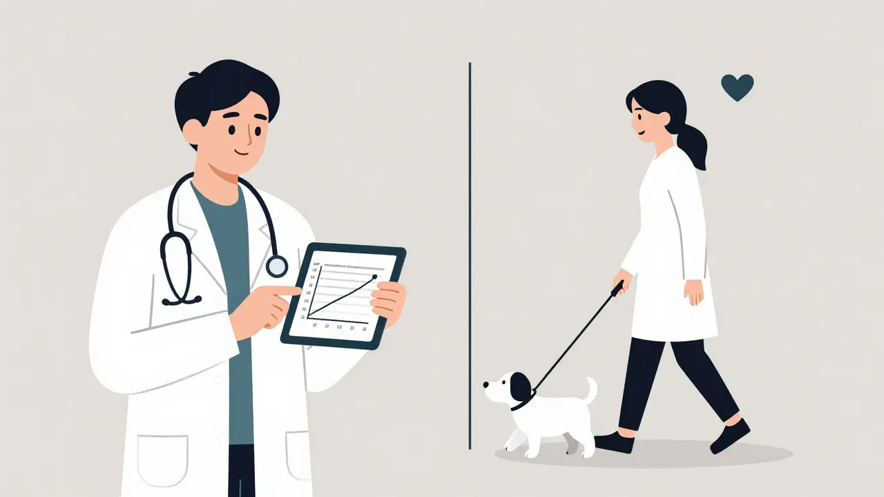 A doctor reviews patient symptom data while the patient enjoys a walk with their dog.