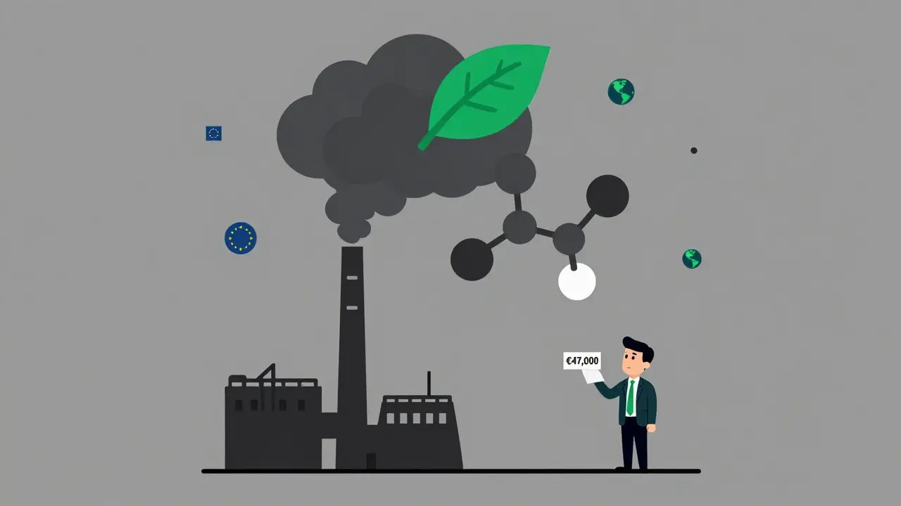 A factory replacing toxic smoke with a green leaf, representing chemical substitution under EU law.