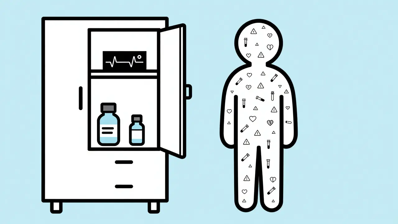 A human figure inside a black border, filled with health monitoring icons, next to a medicine cabinet with one warned pill bottle.