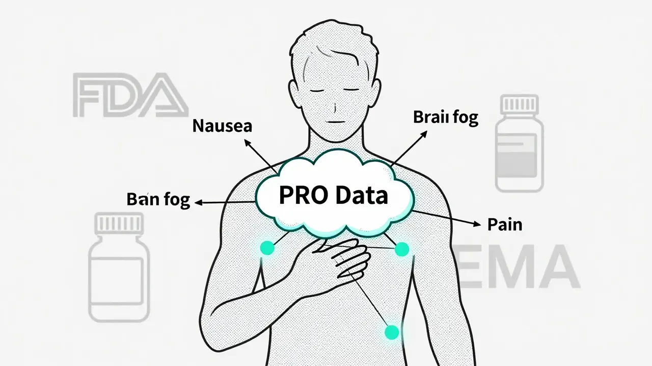 A human silhouette with connected symptom dots flowing into a data cloud for drug safety.