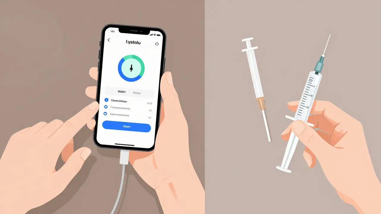 A person holding a phone showing insulin tech, with one hand on a pump and the other holding a syringe as backup.
