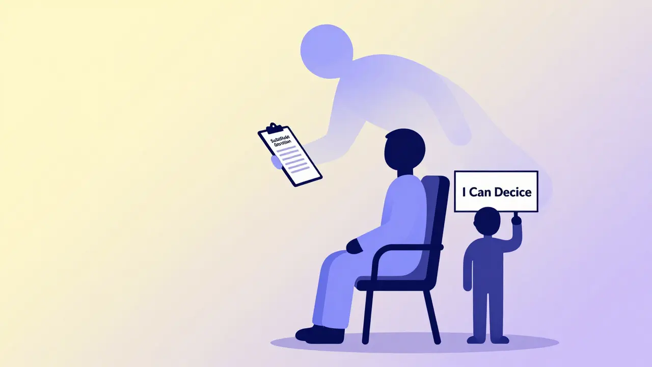 A person with a hovering guardian figure, symbolizing forced decision-making in mental health.