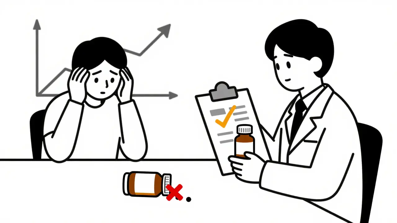 A pharmacist choosing a branded medication over a generic one, with a patient confused by a rising health graph.