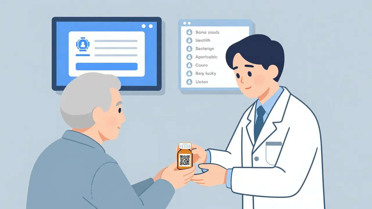 A pharmacist helping a senior patient scan a prescription QR code, with digital medication guides floating nearby.