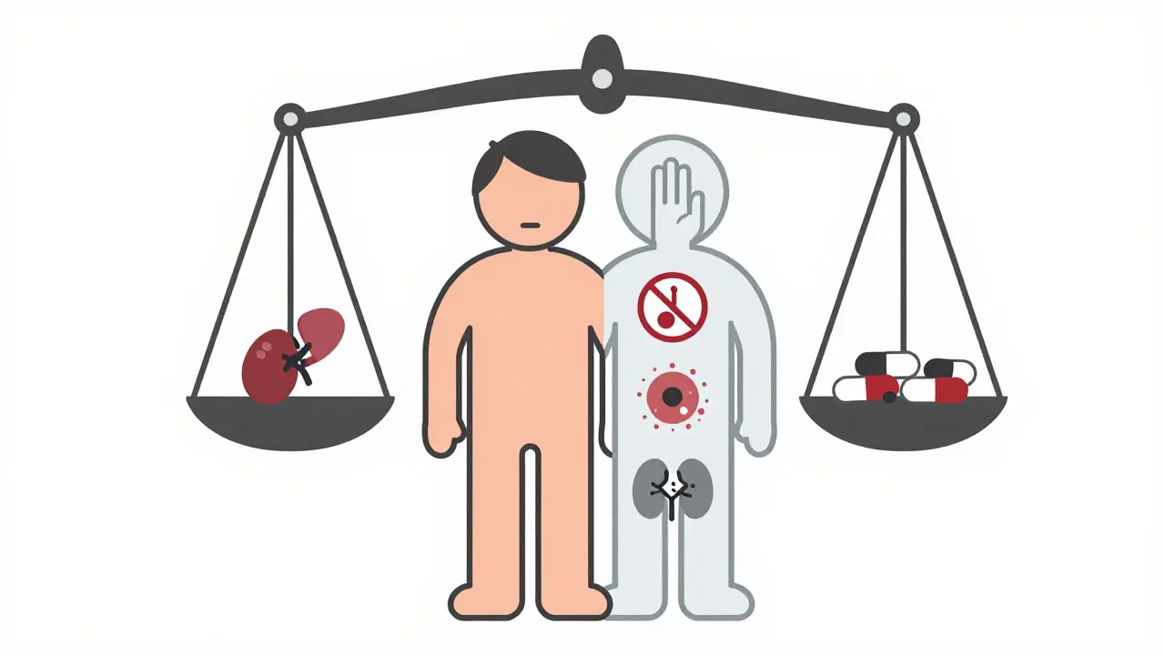 A split-body illustration showing health on one side and side effects like tremors, diabetes, and kidney damage on the other.