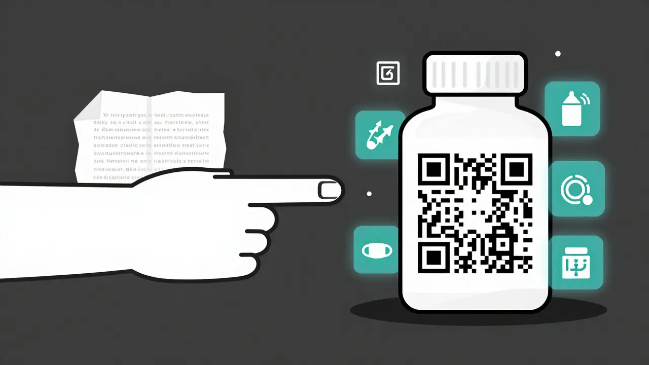 A split image contrasting outdated paper instructions with a modern QR code displaying digital safety information.