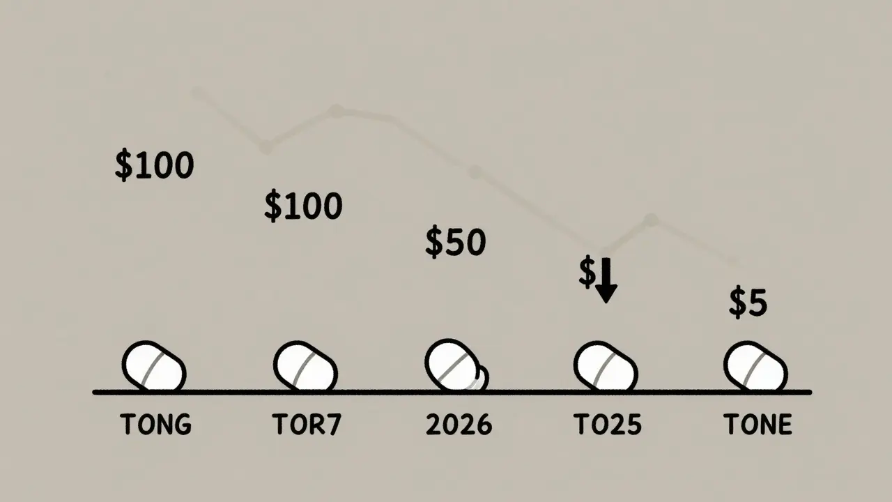 A timeline showing five generic pills entering the market, each causing the price to drop further.