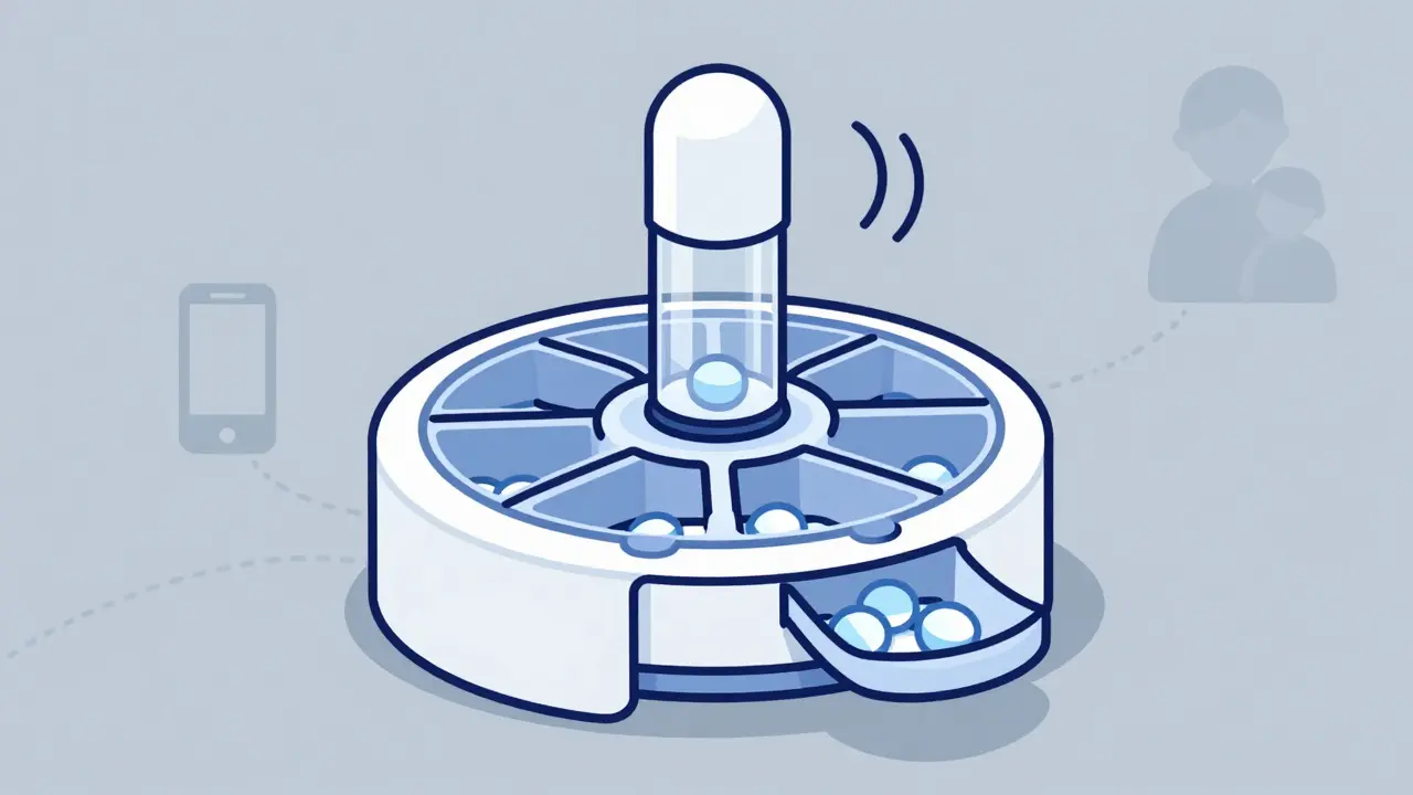 Automatic pill dispenser with open compartment and faint caregiver connection symbol.