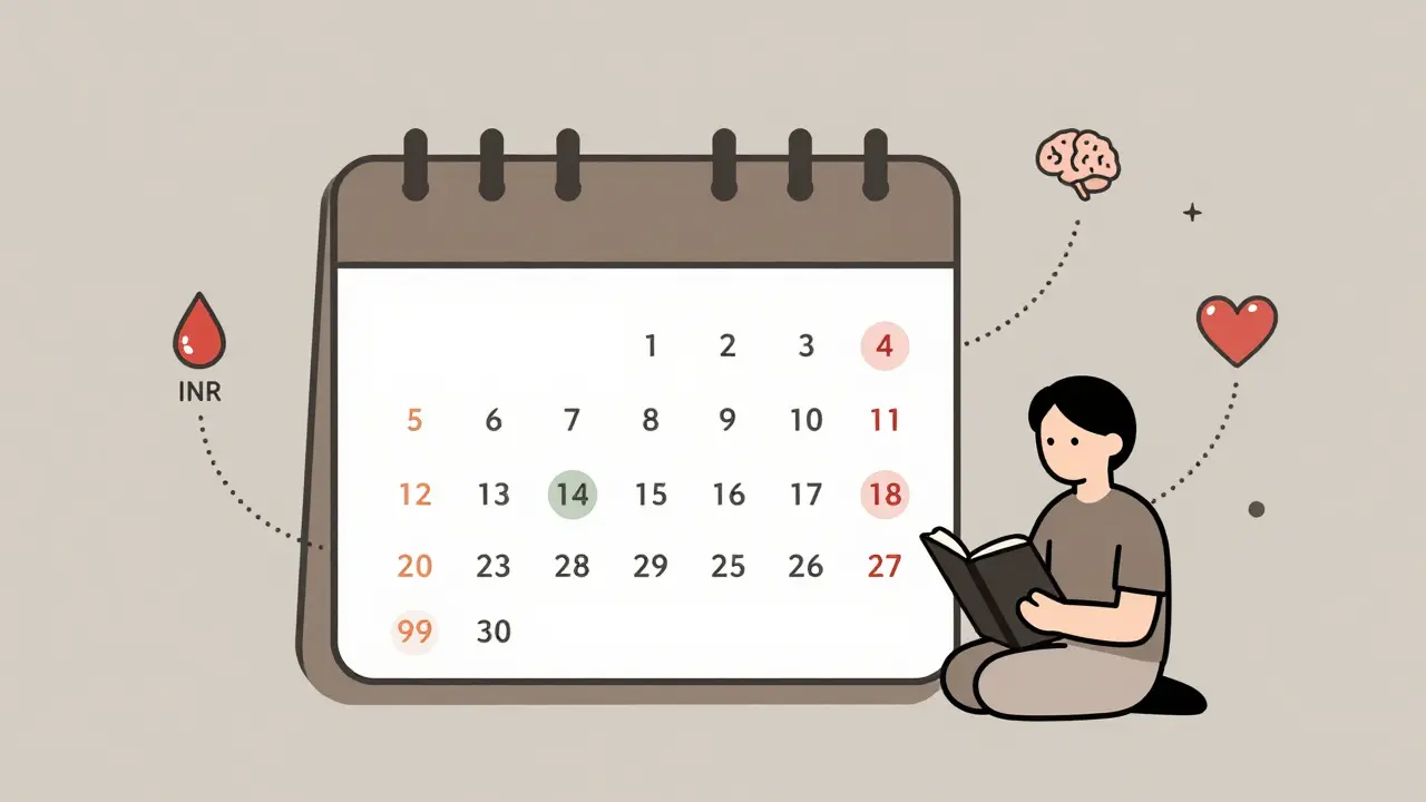 Calendar with key days marked and health icons connected to a person journaling