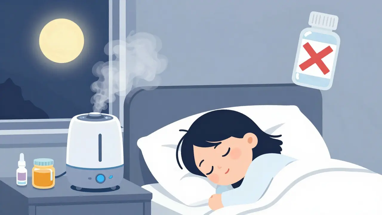 Child sleeping peacefully with humidifier and honey on nightstand, cold medicine fading away