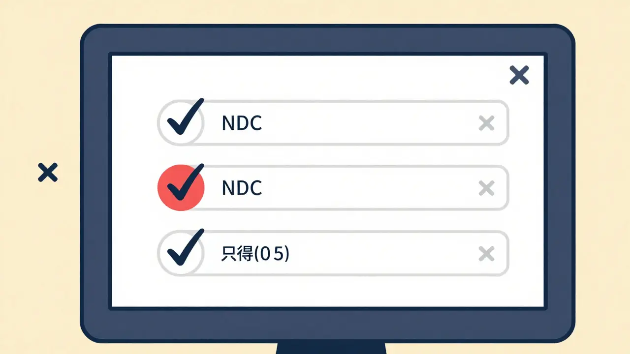 Computer screen showing NDC, lot number, and expiration date with one mismatched in red.