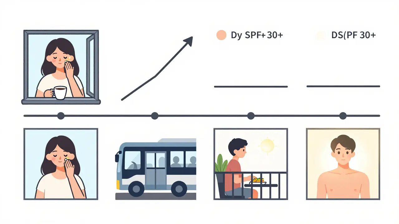 Daily routine timeline showing sunscreen application and reduced skin aging with consistent use.