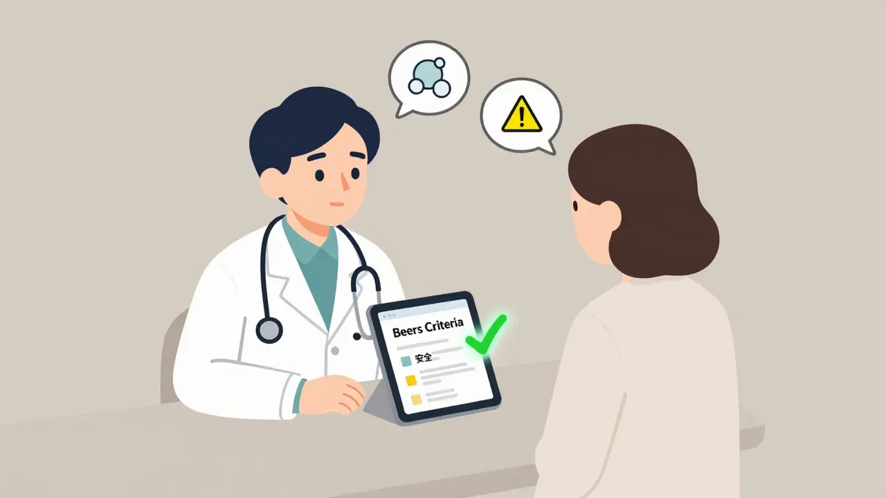 Doctor and patient discussing medication safety on a tablet with caution and safe icons.
