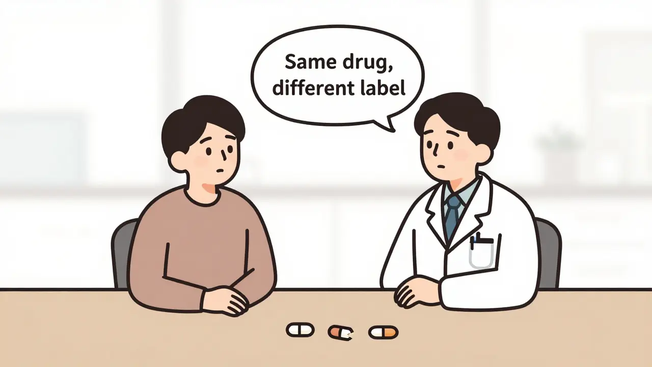 Doctor explains generic drug equivalence to uncertain patient in quiet consultation