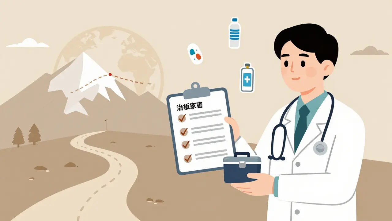 Doctor giving traveler a medical checklist and insulated insulin case for mountain journey.